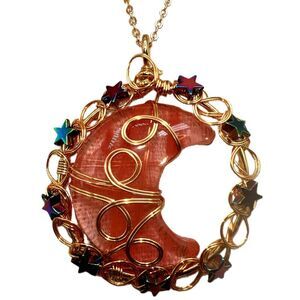 New Cherry Quartz Copper Wire Moon Pendant Gold Tone Chain Necklace